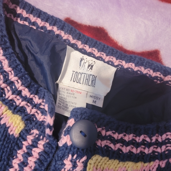 Vintage Sweater Cardigan Oversized Bohemian Colligate Style Blue Pink Yellow M - Picture 12 of 12